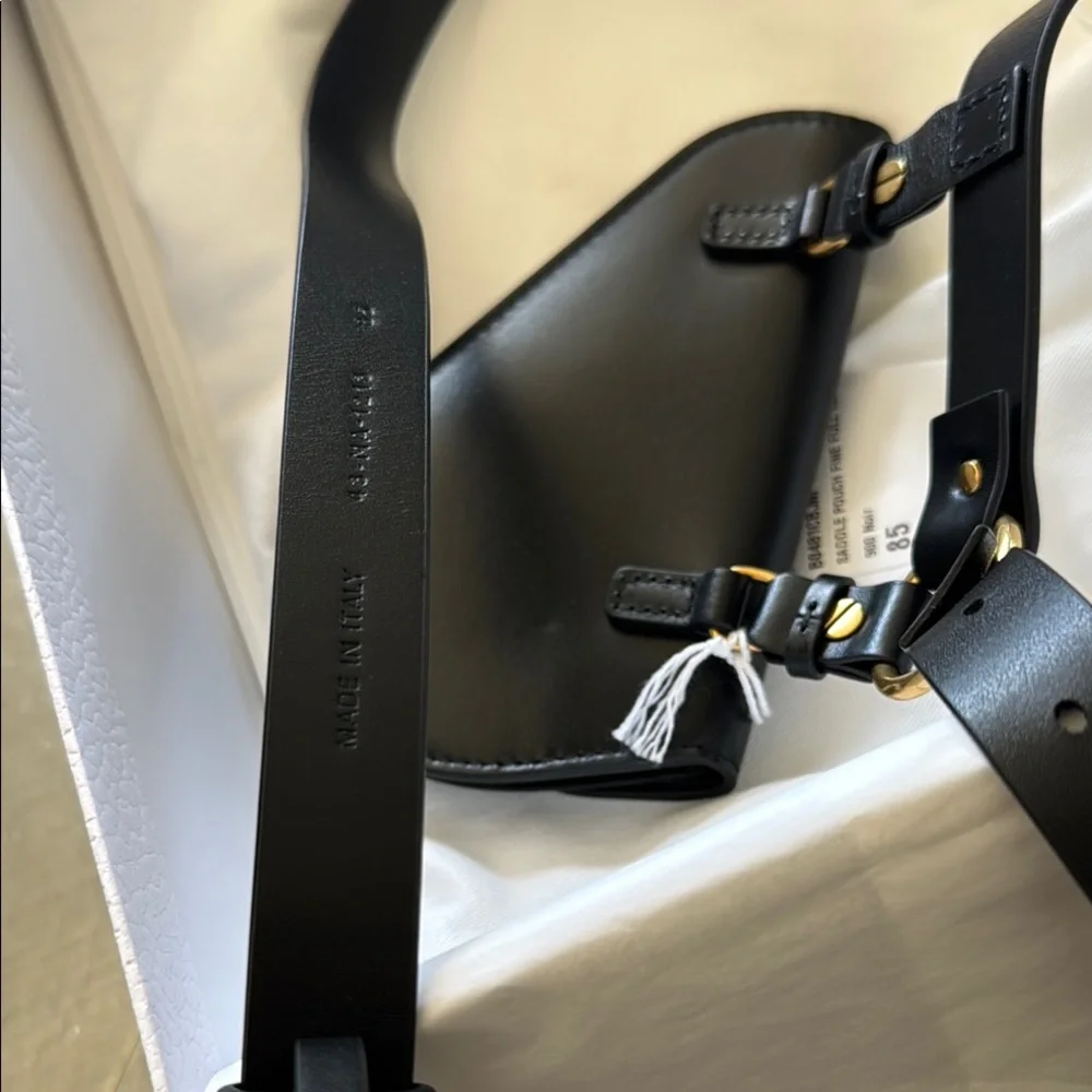 Christian Dior saddle Black Leather logo Belt with Gold Sz 85
